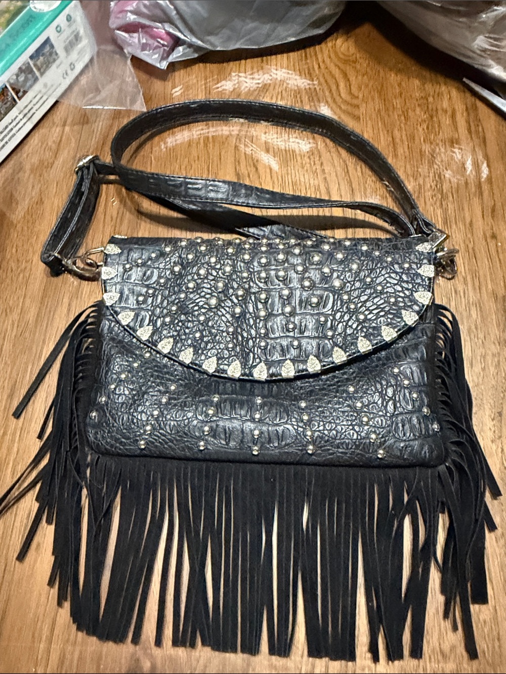 Black Croc-Embossed Fringe Crossbody Bag - Haley Beez